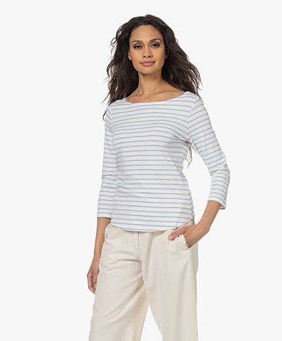 no man's land Striped T-shirt with Cropped Sleeves - Sky