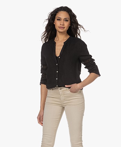 Belluna Spencer Linen Shirt with Lace Trims - Black