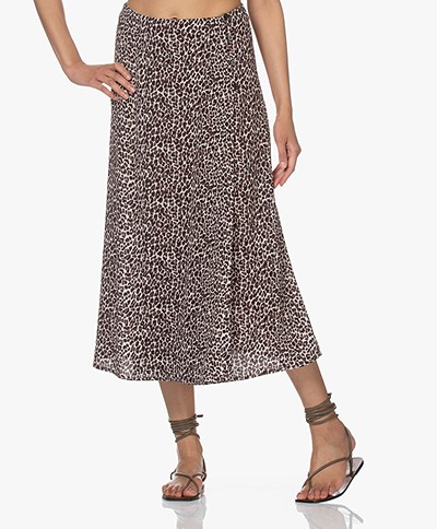 no man's land Leopard Printed Crepe Midi Skirt - Warm Grey