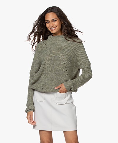 indi & cold Pointelle Knitted Funnelneck Sweater - Khaki