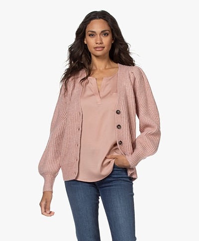 Repeat Wool Blend V-neck Cardigan with Puffed Sleeves - Rose