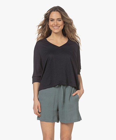 Majestic Filatures Linen T-shirt with Cropped Sleeves - Marine