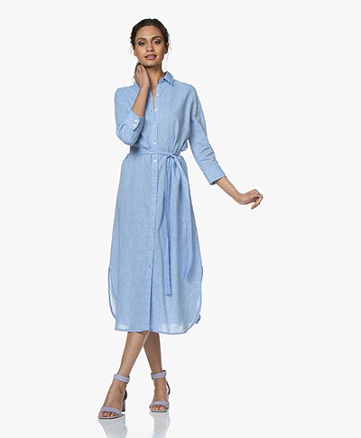 no man's land Striped Midi Shirt Dress in Linen Blend - Azure