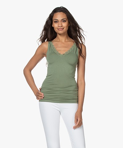 by-bar Double V-neck Top with Lace - Olive
