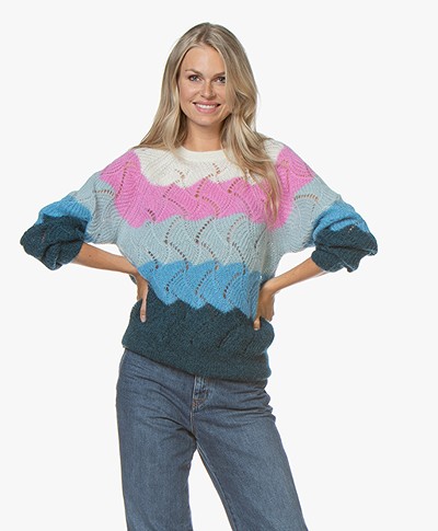 Closed Multi-color Ajour Sweater in Mohair Blend - Bright Sky