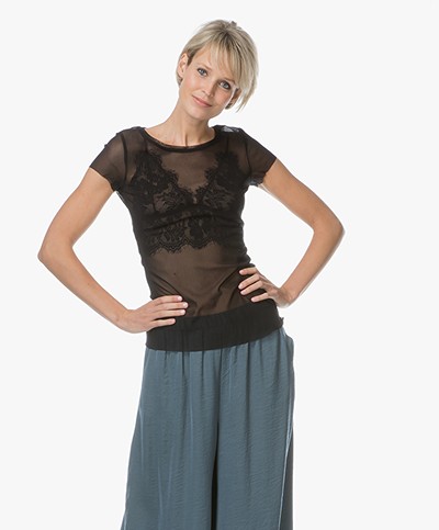 no man's land Tulle Top with Short Sleeves - Black