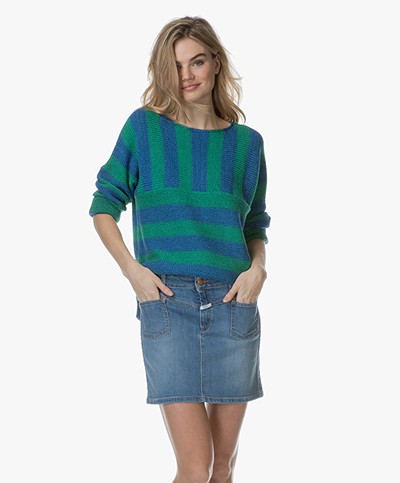 Closed Striped Sweater in Cotton Blend - Emerald