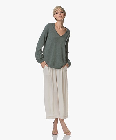 Repeat V-neck Pullover with Elasticated Cuffs - Khaki
