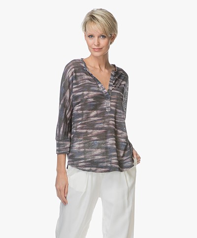 Repeat Linen V-slit T-shirt - Print Zigzag Multicolored