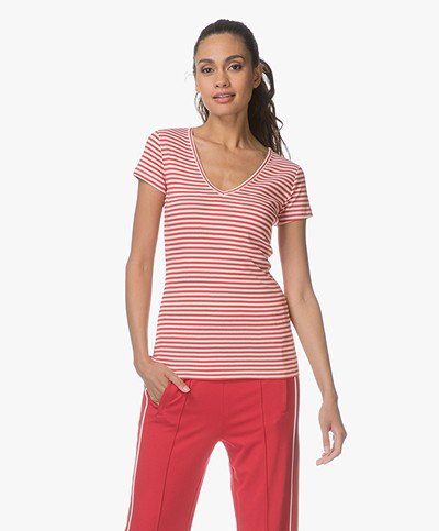 BY-BAR Zebra Striped V-neck T-shirt - Red/White