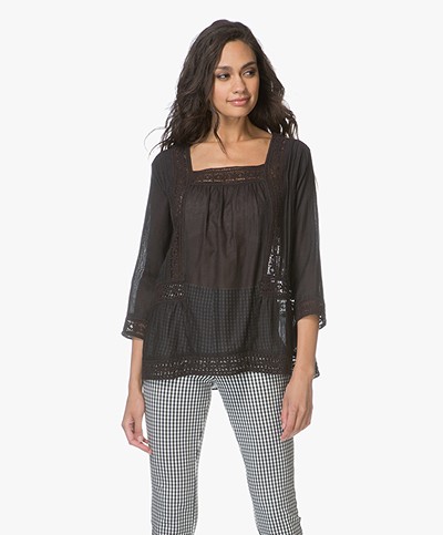 Repeat Embroidered A-line Blouse - Black