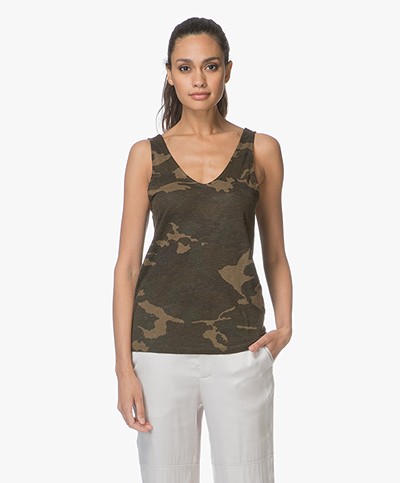 Majestic Linen Jersey Printed Top with Silk - Camouflage Khaki