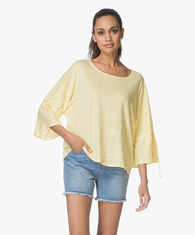 Repeat Linen T-shirt with Drawstring Sleeves - Light Yellow