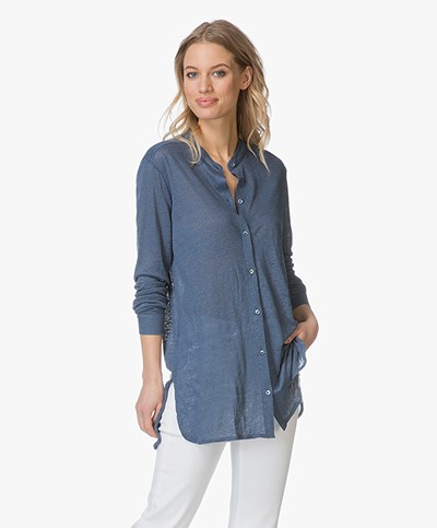 Majestic Collarless Linen Jersey Blouse - Blue Jean