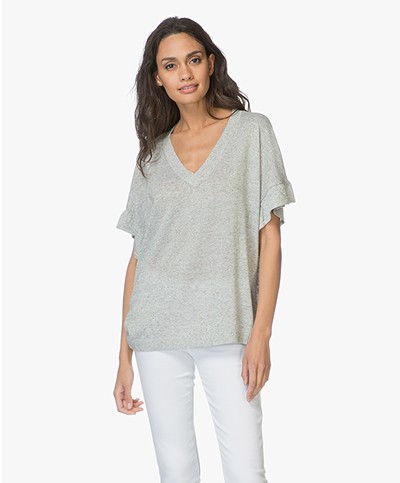 Repeat V-neck Pullover with Short Flounce Sleeves - Pistachio
