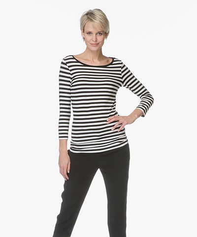 HUGO Dannela Striped T-shirt with Cropped Sleeves - Black/Ecru
