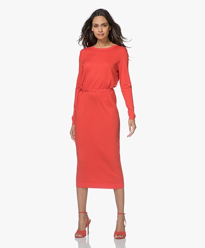 HUGO Sensia Fijn Gebreide Midi-jurk met Zijde - Medium Rood