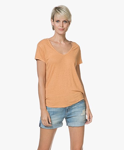 American Vintage Lolosister Linen V-neck T-shirt - Abricotine