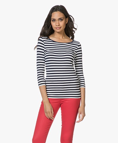 HUGO Dannela Striped T-shirt with Cropped Sleeves - Navy/White
