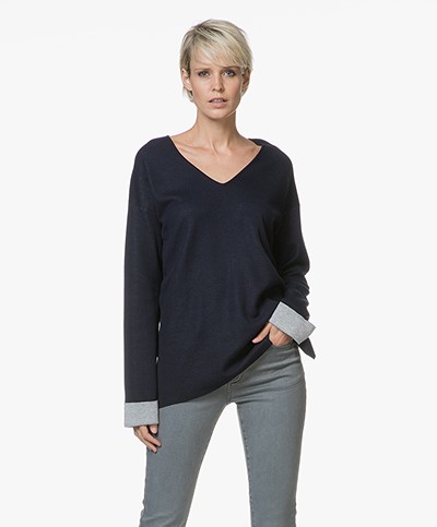 Repeat V-neck Pullover with Contrasting Inside - Navy/Light Grey