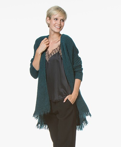 no man's land Open Mohair Blend Cardigan with Fringes - Emerald