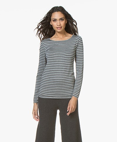 Majestic Filatures Striped Round Neck Long Sleeve - Grey/Flanelle