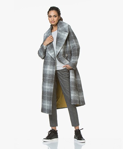 Drykorn Cluny Long Checkered Coat - Light Grey 