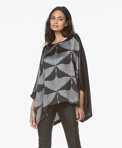 Majestic Filatures Silk Printed Blouse with Jersey Back Panel - Black/Grey