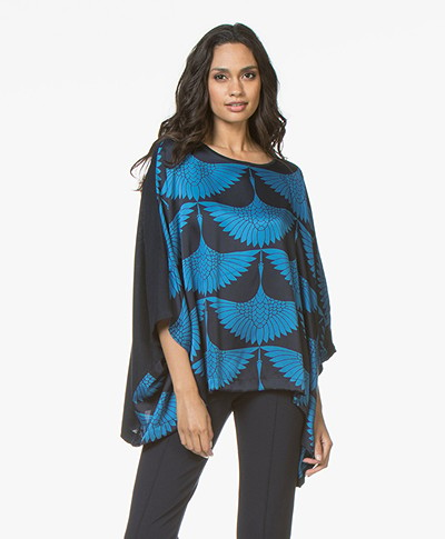 Majestic Filatures Silk Printed Blouse with Jersey Back Panel - Marine/Fidji Blue