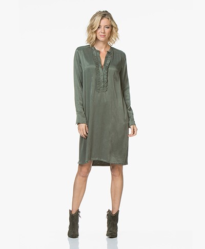 LaSalle Cupro Ruffle Tunic Dress - Khaki Green