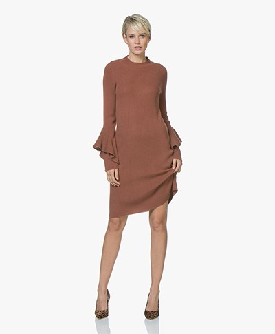 Repeat Cashmere Blend Knitted Dress with Flounce Sleeves - Brick
