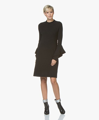 Repeat Cashmere Blend Knitted Dress with Flounce Sleeves - Black
