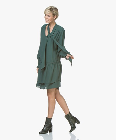 Repeat Viscose Crepe Dress with Frill Details - Forest
