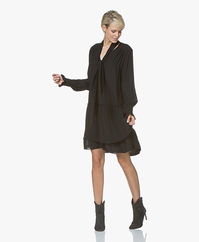 Repeat Viscose Crepe Dress with Frill Details - Black
