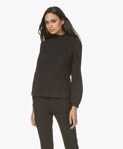 BY-BAR Gaby Cotton Blouse with Lace - Off-black