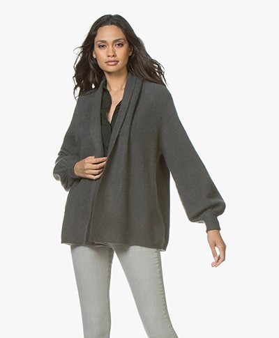 Repeat Mohair Blend Open Cardigan with Shawl Collar - Olive