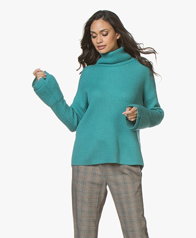Repeat Rib Turtleneck Sweater with Flared Cuffs - Watergreen