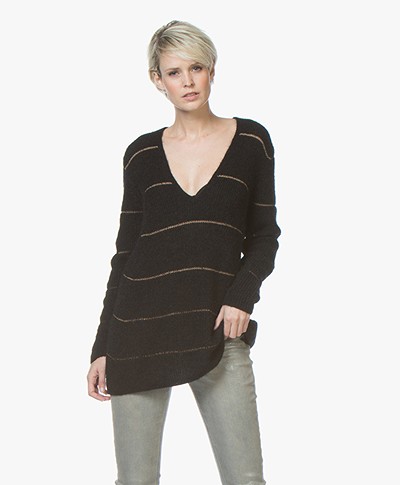 Drykorn Selen Long Striped V-neck Sweater - Black