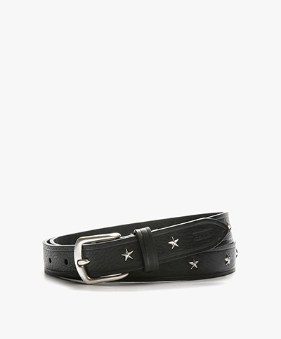 Closed Leather Belt with Star Studs - Black