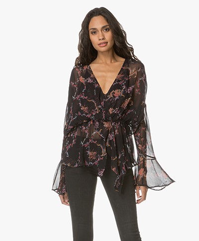 IRO Linette Ruffle Blouse with Floral Print - Black/Pink