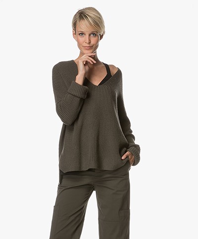 Repeat Oversized Merino Pullover with V-neck - Leaves
