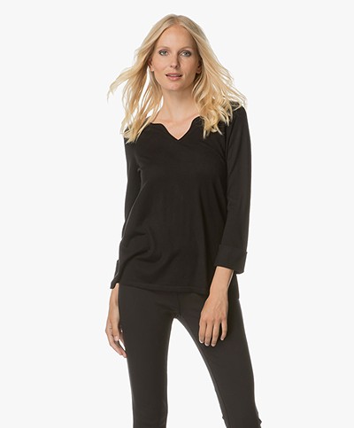 Repeat Fine Knitted Pullover with V-split Neck - Black