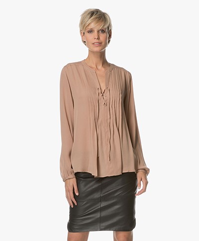 Repeat Silk Blouse with Lace Closure - Camel