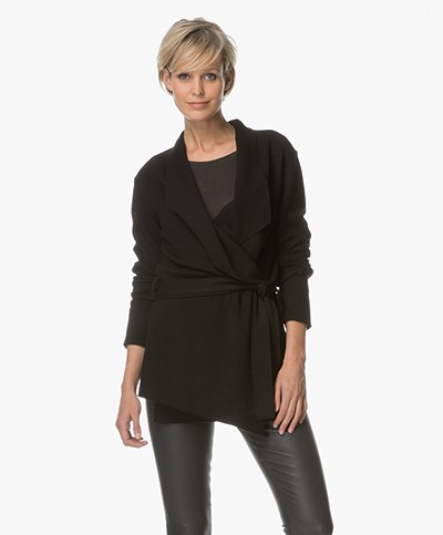 Majestic Wool Blend Wrap Cardigan with Cashmere - Black