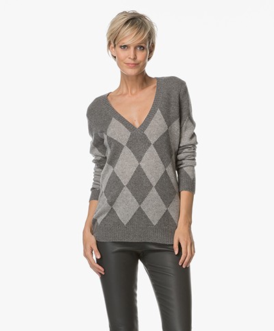Repeat V-neck Checkered Pullover - Light Grey/Dark Grey