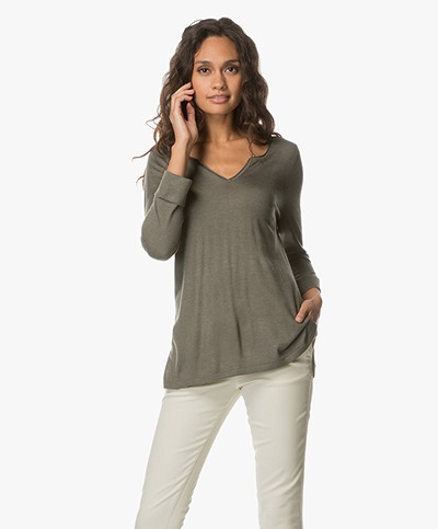 Repeat Fine Knitted Pullover with V-split Neck - Khaki