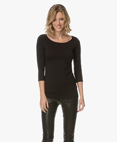Majestic Viscose T-shirt with Cropped Sleeves - Black 