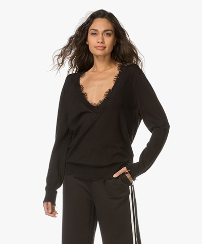 IRO Pao Deep V-neck Pullover with Lace - Black