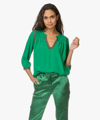 ba&sh Time Viscose Blouse with Embroidered Details - Green