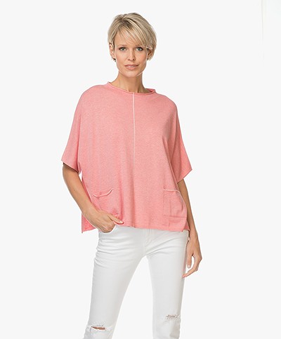 Repeat Cotton Blend Oversized Short Sleeve Pullover - Coral